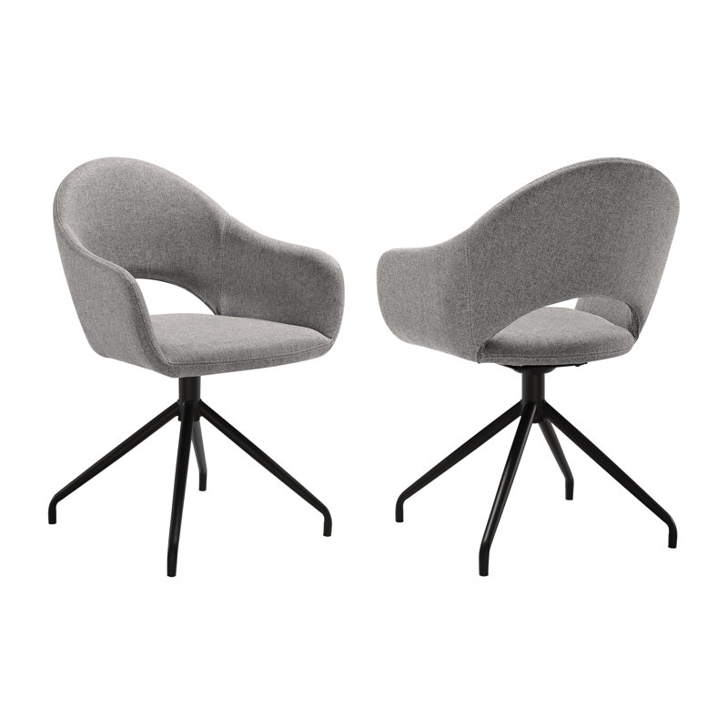 Janney Swivel Dining Chairs with Arms in Gray Fabric Upholstery and Black Metal Legs Corrigan Studio